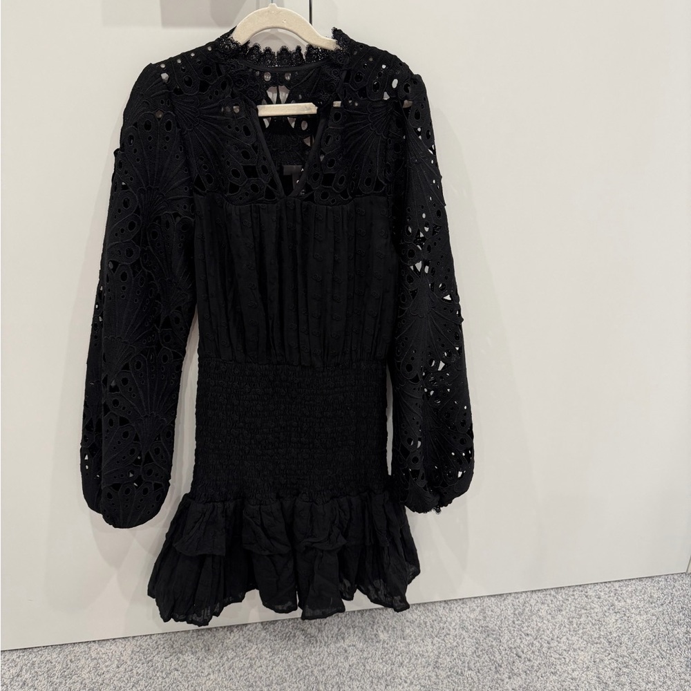 Aqua Black Long Sleeve Eyelet Dress
